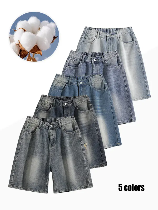 Men’s cotton-blend wrinkle-resistant washed denim bermuda shorts, half elastic waistband, multiple pockets, loose fit, versatile summer casual shorts