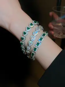 Heart Tennis Bracelet Emerald Cz & Clear Rhinestone, Luxury Sparkling Silver Color Bracelet Jewelry, Elegant Women's Accessory