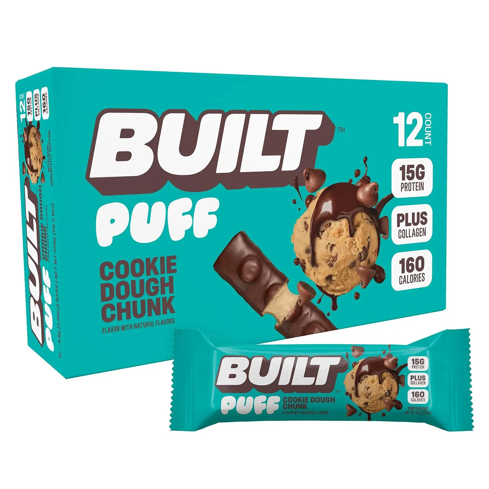BUILT Puff Protein Bars, Cookie Dough Chunk, 15g Protein - 12 Count | Protein Snack Bar with Collagen, Calorie Conscious, Gluten Free