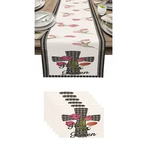 7-Piece Table Runner Set, Easter Cross Lamb Tablecloth, Religious Jesus Resurrection Eggs, Kitchen Dining Decor, Spring Lily Home Decoration