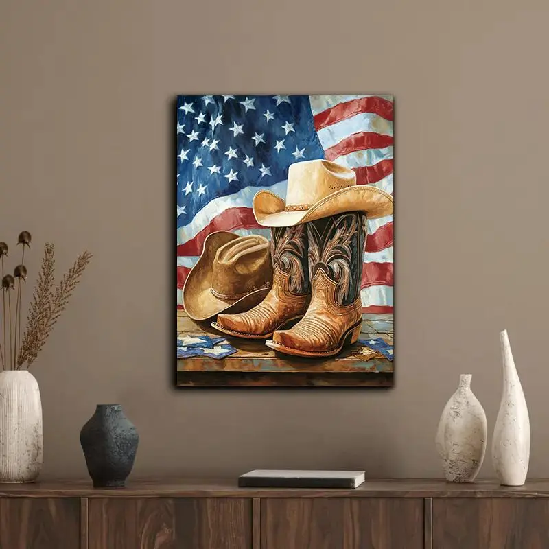 Cowboy Boots & American Flag Pattern DIY Diamond Arts Colorful Painting Kit without Frame, DIY 5D Diamond Arts Colorful Painting for Home Bedroom Wall Decor Diamond Painting Kits Craft