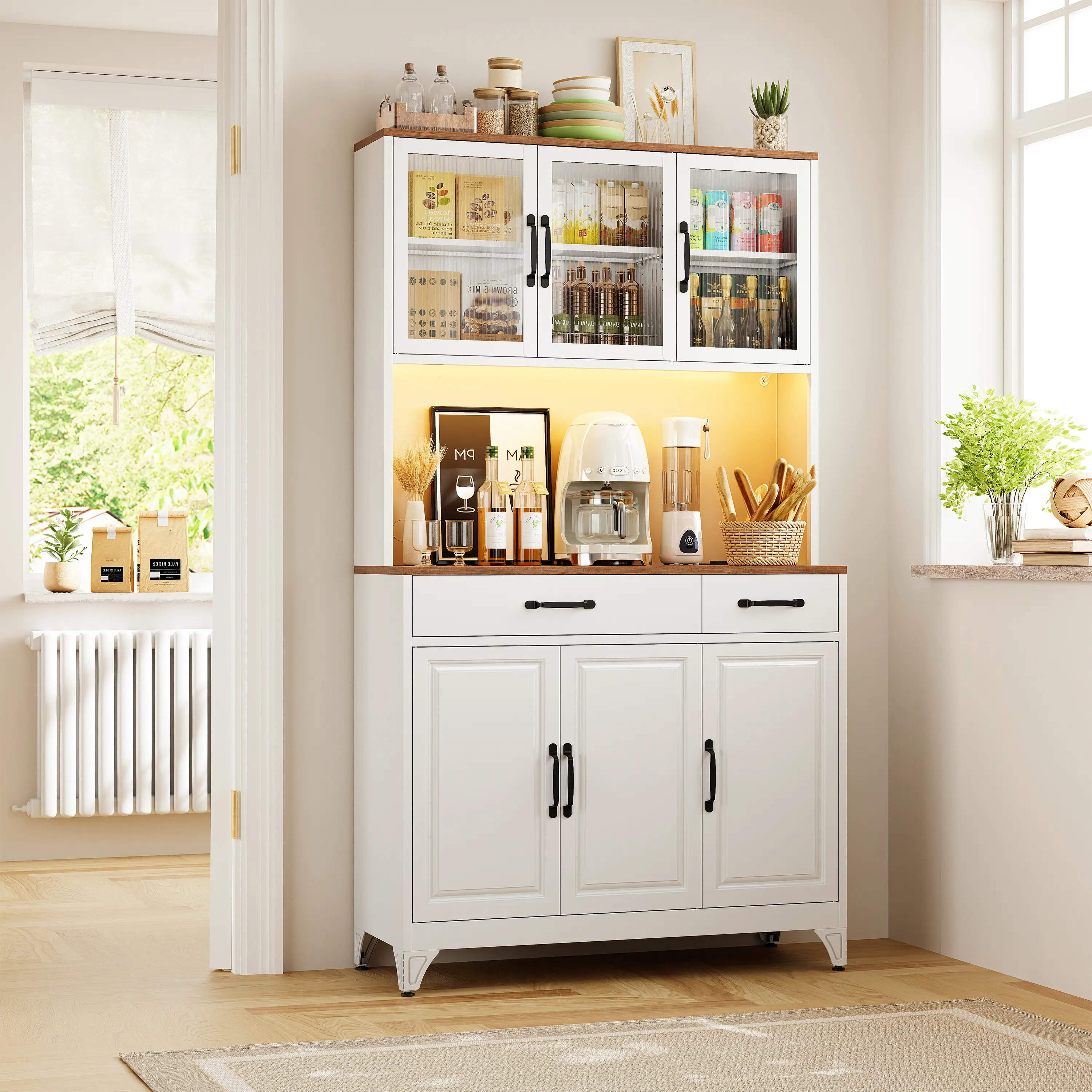 POLUP 75" Metal Kitchen Pantry Cabinet with Charging Station and Light | White Kitchen Pantry Storage Cabinet with Microwave Stand,Kitchen Hutch with Countertop,Coffee Bar with Doors and Drawers
