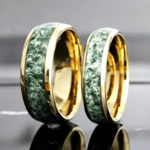 Dainty Green Moss Agate Wedding Band, Engagement Moissanite Couple Rings, Matching Tungsten Promise Rings