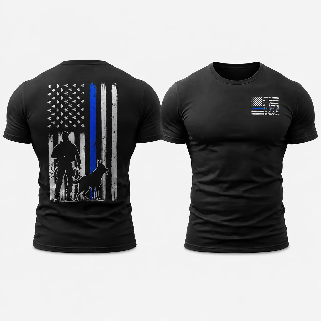K-9 Police Thin Blue Line Flag Men's T-Shirt, Front & Back Graphic