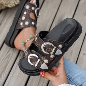 Designer Print Double Buckle Platform Sandals