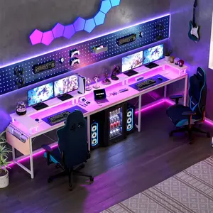 126 Inch U Shaped Home Office Desk With Reversible L Shape Dynamic Rgb Led Lighting Built In Power Outlets Usb Ports Full Monitor Stand Storage Shelves Hooks Storage Bag Durable Gaming Computer Workstation Pink
