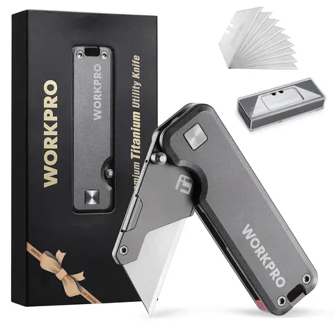 #toolupgrade WORKPRO Premium Titanium Utility Knife, CNC Unibody, Lightweight Folding Box Cutter, Quick Change Blade Razor Knife,Ideal Gifts for Men Women, with 10 Extra Blades