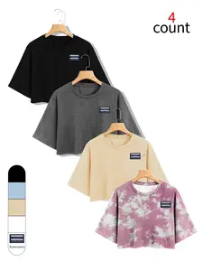 Women's 4-Pack Crop Top T-Shirts, Casual Short Sleeve Loose Fit Tees, Basic, Embroidery Patch, Solid Color & Camo Print, Summer Tops