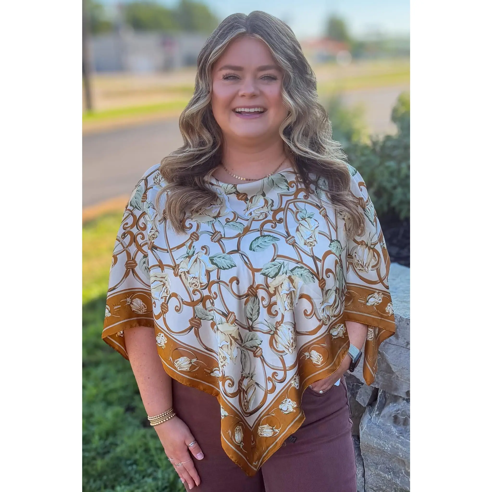 Brown Floral Filigree Scarf Poncho