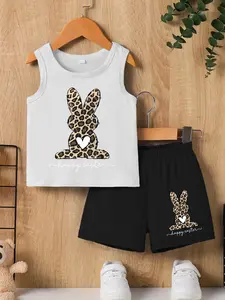 Boys Summer Fashion Creative Set, Leopard Heart Rabbit Print Tank Top + Casual Comfort Shorts, Unisex Kids Clothing Gift