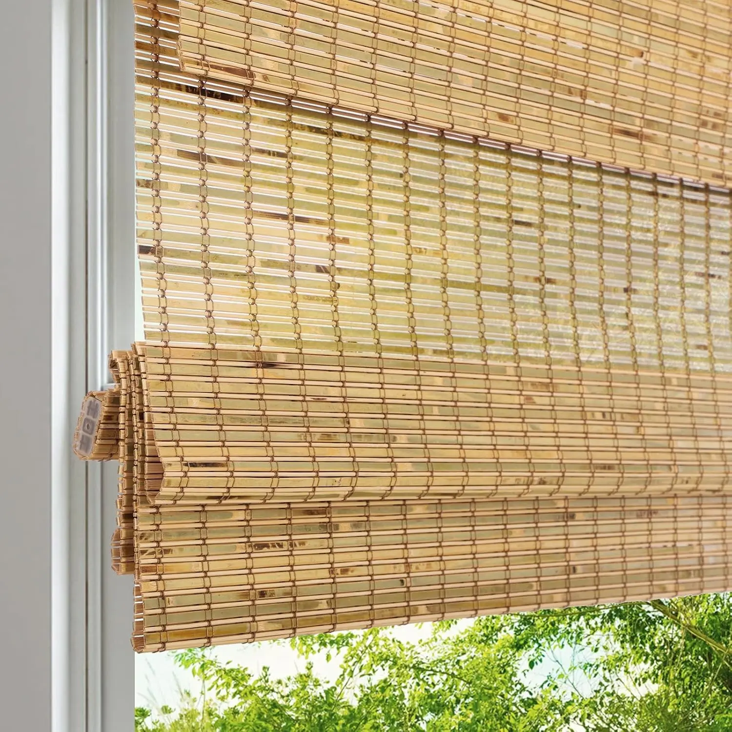 Cordless Wood Window Blinds, Bamboo Sheer Light Filtering Woven Roman Shades, Tiger Wood, 24" W X 48" H