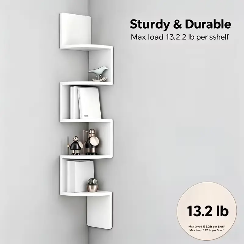 5-Tier Corner Floating Shelves Wall Mounted, Space-Saving Zigzag Corner Storage Display Shelf for Bathroom, Living Room, Bedroom & Office, 13.2 lbs Capacity Per Tier