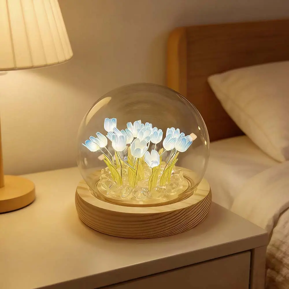 Valentine’s Day Tulips Lamp Gifts for Women Tulips Artificial Flowers Night Light Light Up Blue Tulip in Glass Dome for Bedroom Unique Birthday Gifts for Women Mom Sister Friends