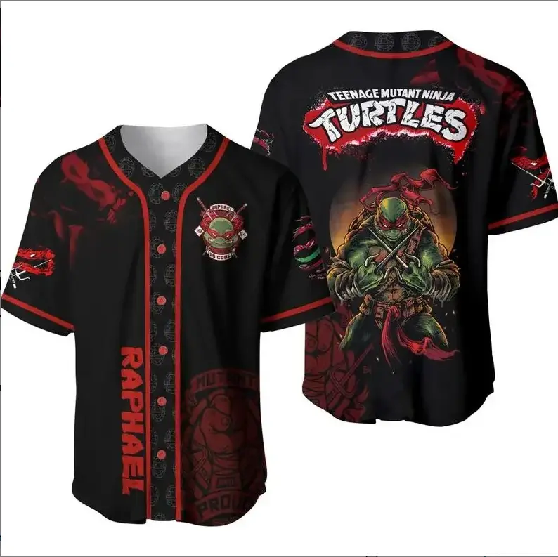 Funny Raphael teenage mutant ninja turtles baseball jersey, Unisex Graphic Button Up Shirt, Cartoon Character Sports Top, Retro Fan Apparel Gift