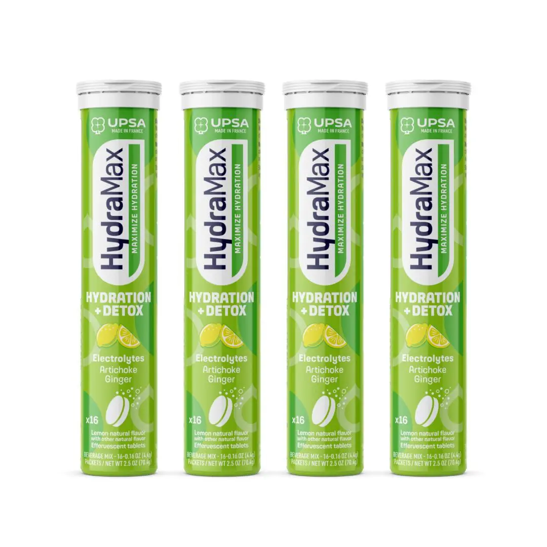 HydraMax Hydration + Detox & Antioxidant Effervescent Tablets 4 Pack – Electrolytes with Artichoke, Ginger, Magnesium, Gut Health Support, Lemon Flavor, 16 Tablets, Daily Supplement, Multivitamin