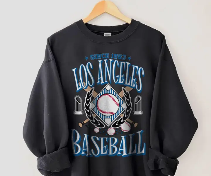 Vintage Los Angeles Baseball Printed Sweatshirt Oversized Crewneck Long Sleeve Pullover Unisex Retro Sports Casual Streetwear Top Jumper