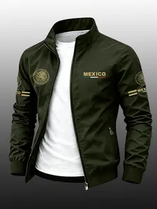 Men's Mexico Flag Print Lapel Sport Jacket, Durable Casual Zipper Outerwear, Business Style Outdoor Coat, Slim Fit, Perfect Gift