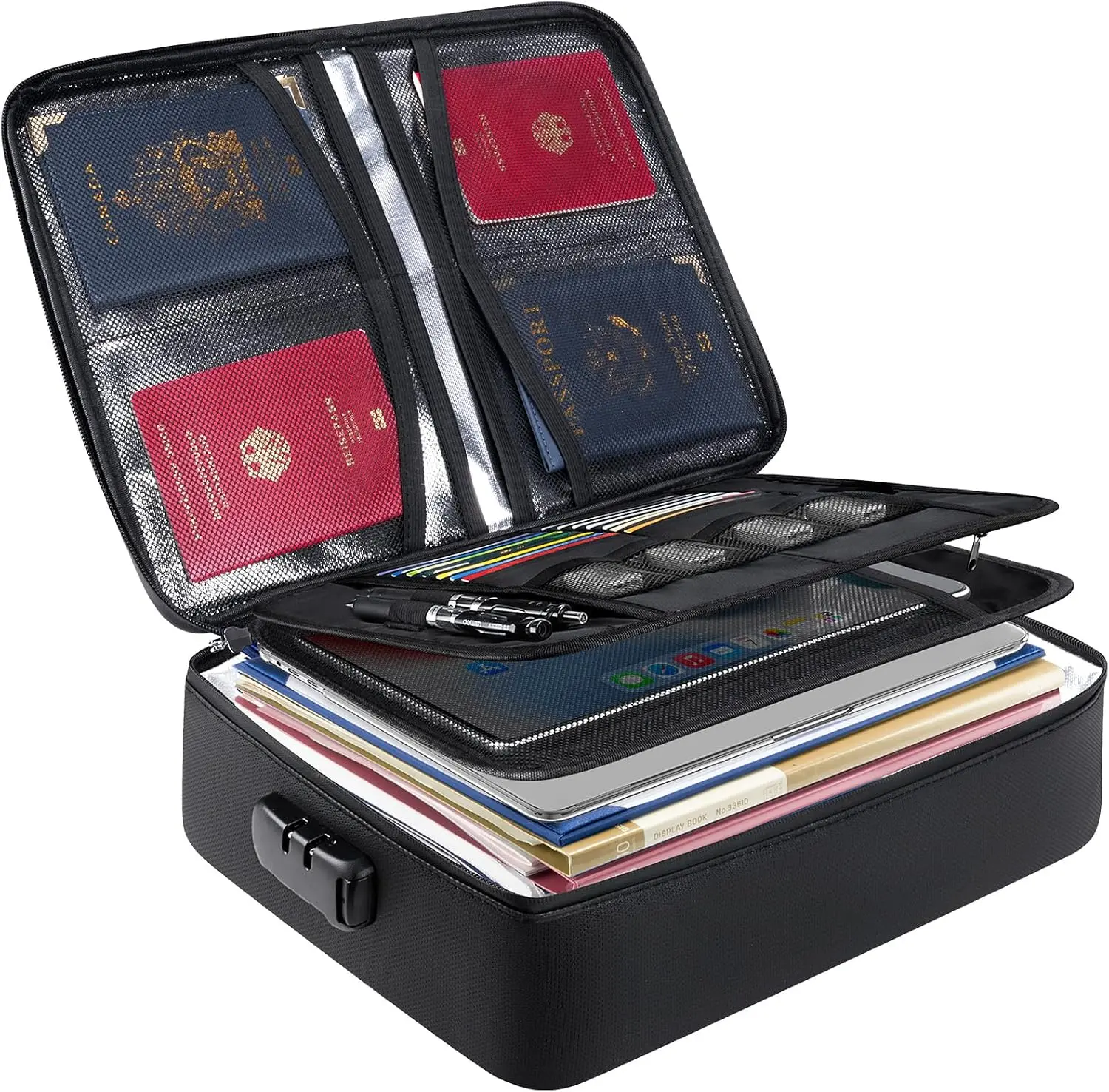 Fireproof Document Box with Lock, Waterproof Fire Safe File Bag Fire Proof Certified, Waterproof Dual Zippers, Combination Lock, Multi-Compartment Storage, File Organizer for Home Office