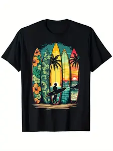 Men's & Women's Surfboarder Hawaii Wave T-Shirt - Surfing Graphic Short Cotton Shirt with Hawaiian, Round Neck Casual Beachwear Suitable for Surfing, Outdoor Activities, Machine Washable Apparel