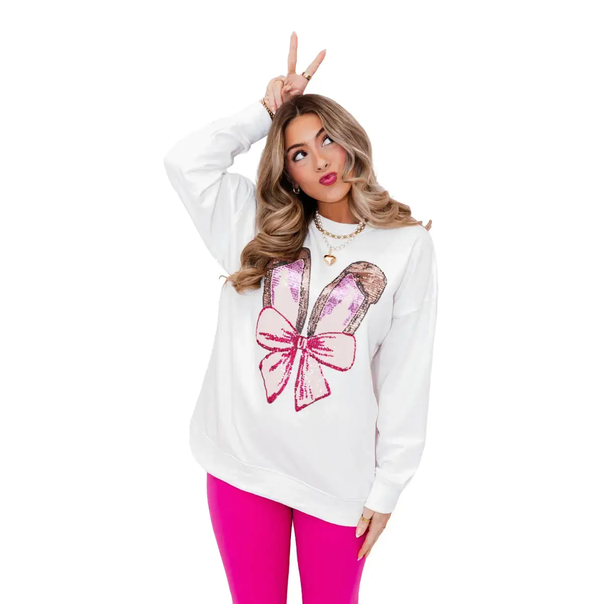 Women's Bunny Bow Babe Pullover Hoodie - Polyester Shimmer Fabric Sweatshirt, Sequin, Oversized, Piece, Cotton, Long Sleeve, Fit, Comfortable, Casual, Light, Denim
