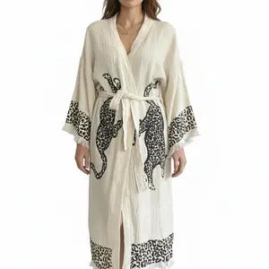 The Pinus Leopard Kimono Robe 100% Cotton Sexy Elegance Coverup Womenswear Gowns Loungewear Nightwear Underwear Lady Long Sleeve Vneck Breathable Soft Longsleeves Comfortable lounge black elegant comfy bathrobes