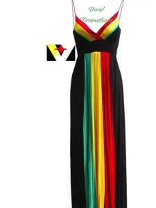 Rasta Empress Maxi Dress, Long Reggae Colors - Black, Red, Yellow, Green 95% Rayon, 5% Spandex
