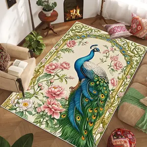 Vintage Peacock Pattern Carpet, Non-slip Soft Floor Mat, Decorative Boho Floral Area Rug for Home Living Room Bedroom Hotel Dormitory