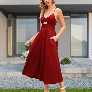Women's 2026 Summer Minimalist Sleeveless Spaghetti Strap V-Neck Cutout Slit Maxi Dress with Pockets, Comfortable Breathable Pull-On Piece for Beach, Festival