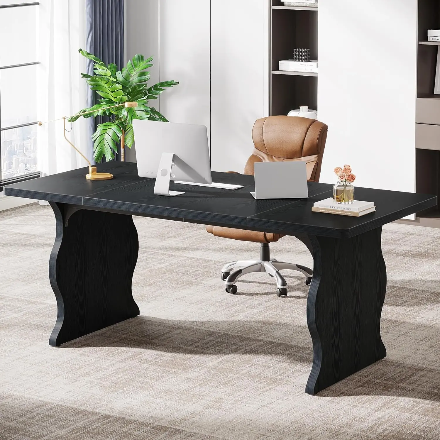 TRIBEWOOD 63" Large Executive Desk for Home Office, Spacious Computer Desk with Ample Leg Room, Double PC Gaming Writing Table Study Desk with Sturdy Legs