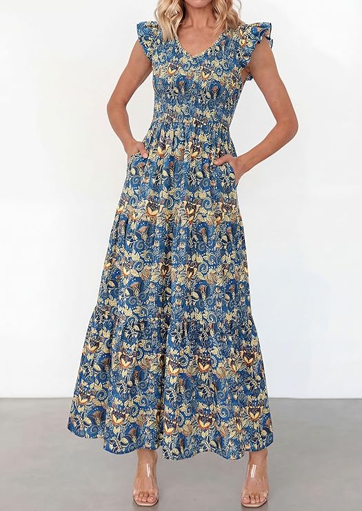 PrettyGarden Women's Cotton Boho Floral Maxi Dress Summer Smocked V Neck Ruffle Sleeve Spring Flowy Beach Vacation Sundresses