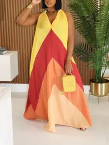 Summer Sleeveless V-Neck A-Line Loose Aesthetic Dress, Colorblock Patchwork Long Dress, Casual Streetwear Party Beach Vacation