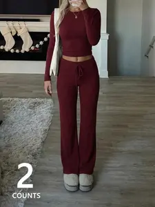 Women's Two-Piece Wine Home Sleepwear Pajama Set, Soft Elastic Long Sleeve Crop Top and Wide Leg Pants, Casual Comfortable Loungewear