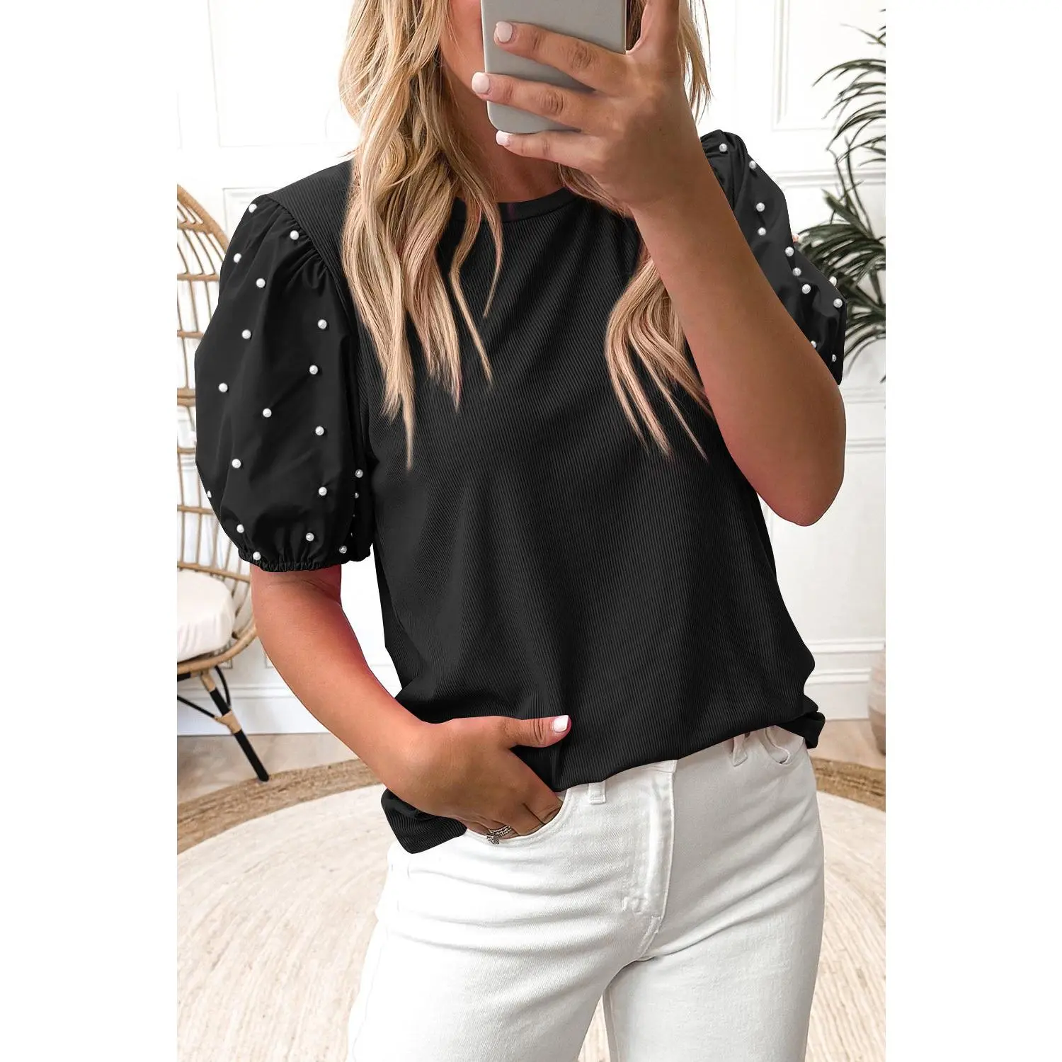 Black Ribbed Pearl Beaded Puff Sleeve Top