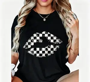 Women's Cotton Short-Sleeve T-Shirt Black & White Checkered Lip Print Casual Summer Top Round Neck Soft Breathable Streetwear