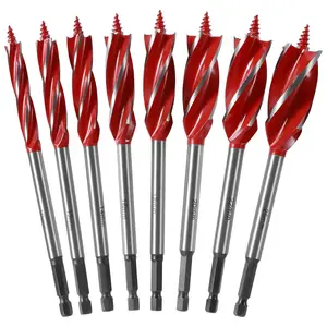 Auger Drill Bit Set, 8 Counts/set 4 Flute Cut Drilling Tool, Quick Change Hex Shank Wood Hole Drill Bit, Insert Drill Bit, High-carbon Steel Boring Bits Impact Wood Auger Set, Hardware