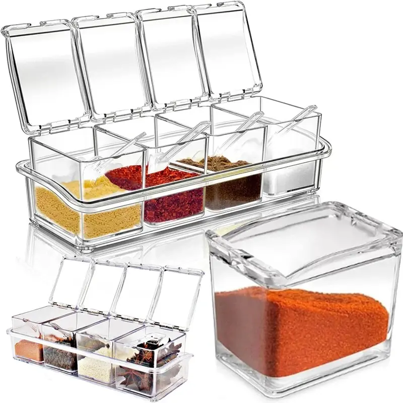 4-Compartment Transparent Spice Box Set, Acrylic Storage Container with Lid & Spoon, Kitchen Organizer for Spices & Herbs