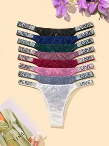 4 PCAKS for a set, Women’s Rhinestone Lace Thong Panties – Sparkly "LOVE SECRET" Crystal Strap G-String, Soft Floral Lace Low Rise Bikini Underwear, Breathable Stretchy Lingerie in Multiple Colors
