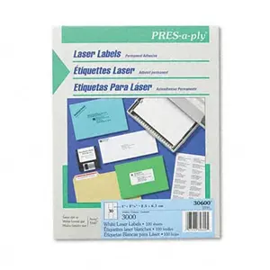 Avery Pres-A-Ply Laser Address Labels 1 x 2-5/8 White 3000/Box