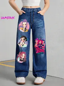 "KPOP – The Huntress Girl Group" Girls' Cartoon Print Jeans, Graphic Jeans, Fitted Casual Denim Jeans for Ages 7-12, Trendy Kids Fashion, Pop Girls Clothing, Youth Apparel, Cartoon Print Pants