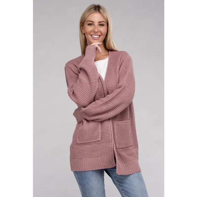 ZENANA Low Gauge Waffle Open Cardigan Sweater