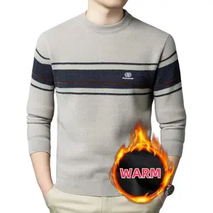 Men'S Thermal Sweater - Beige/ Navy/ Red Color Block Pullover, Stretchy Winter Sweater for Cold Weather, Formal & Casual Outfits - Soft Long Sleeve Round Neck Sweater for Everyday & Special Events, Seasonal Layering, Stylish Knitwear, Cozy Fabric, Versati