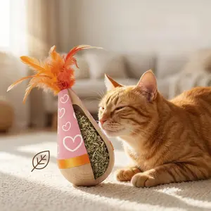 Wooden Interactive Cat Toy with Catnip & Feather – Self-Righting Wobble Chaser for Indoor Cats, Stimulating Kitty Enrichment Toy