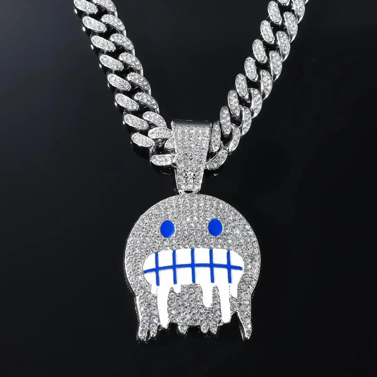 Adult Shiny Iced Out Non-Natural Crystal Face Pendant with Blue Accents - Alloy Cuban Link Chain, Bold Hip Hop Rapper Style Streetwear Statement Jewelry, Non-Natural Crystal Necklace Accessory, Hip Hop Necklaces, Iced Out Necklaces