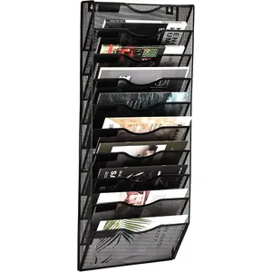 10 Pocket Mesh Hanging Wall File Organizer, Wall Mounted Mail Paper Document Folder Holder, Clipboard Storage Organization Magazine Rack with Nametag Label for Office Home School, Black