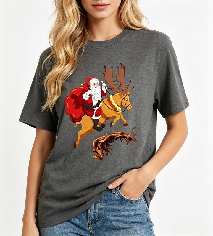 Women's Santa Riding Reindeer Christmas Graphic Print Tshirt - Heather Gray, Crew Neck, Short Sleeve, Ultra-Soft Pure Cotton, Easy-Wash, Fashion Holiday Look Tops for Women, Tailored Fit Casual Tee