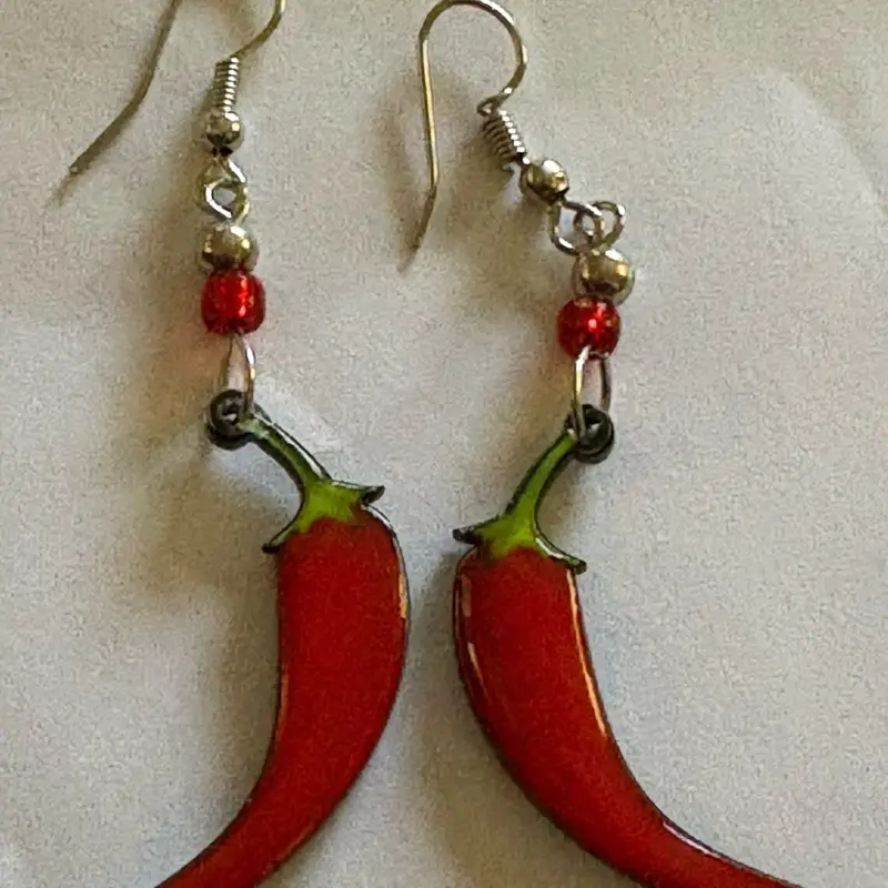 Spicy Chic Chili Pepper Earrings with Red Beads and Silver Hooks for Bold Style, 2.5” long