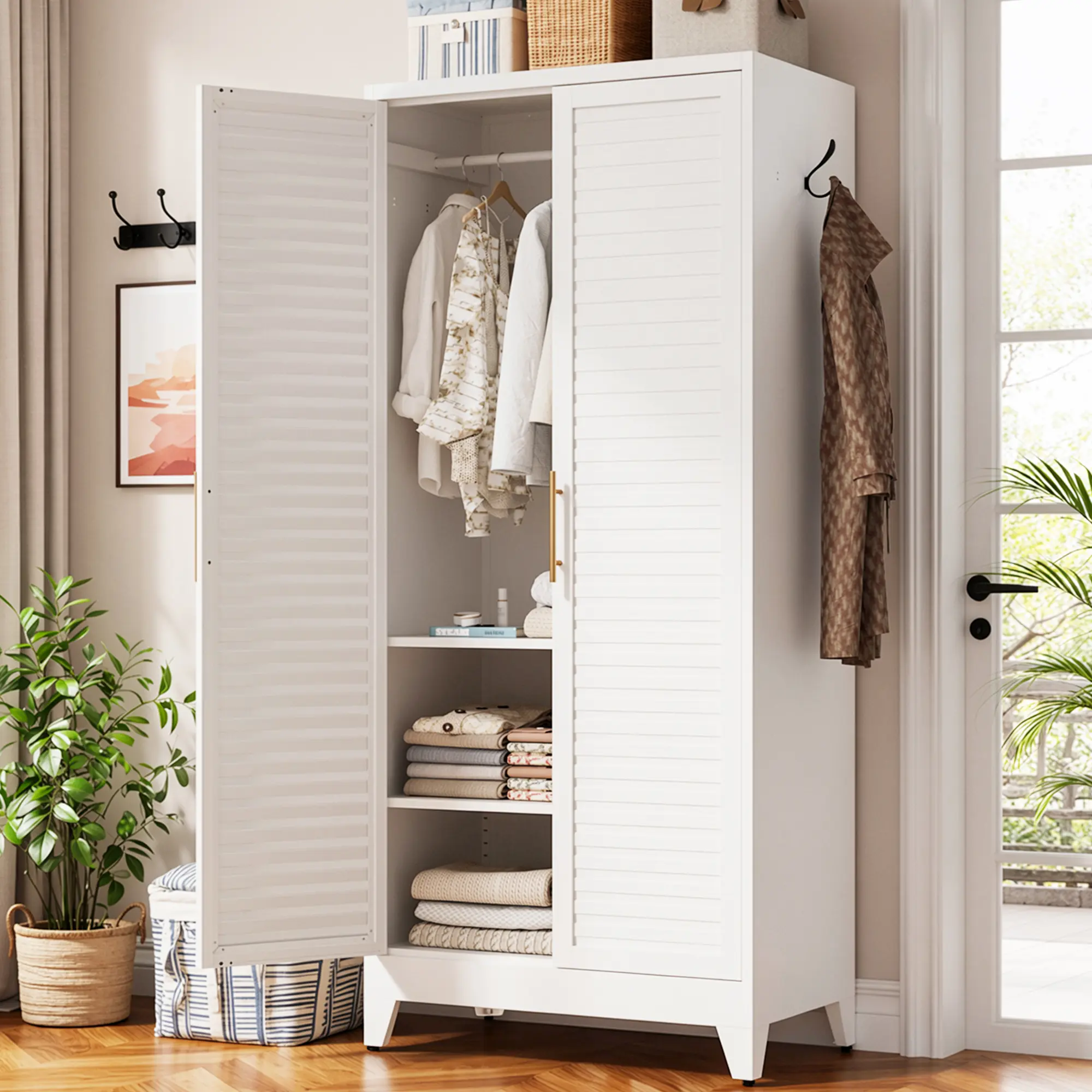31.5 in Freestanding Steel Frame Wardrobe Armoire - White Louvered Doors Closet Organizer with Adjustable Shelves, Hanging Rod, Sturdy Base Clothing Cabinet
