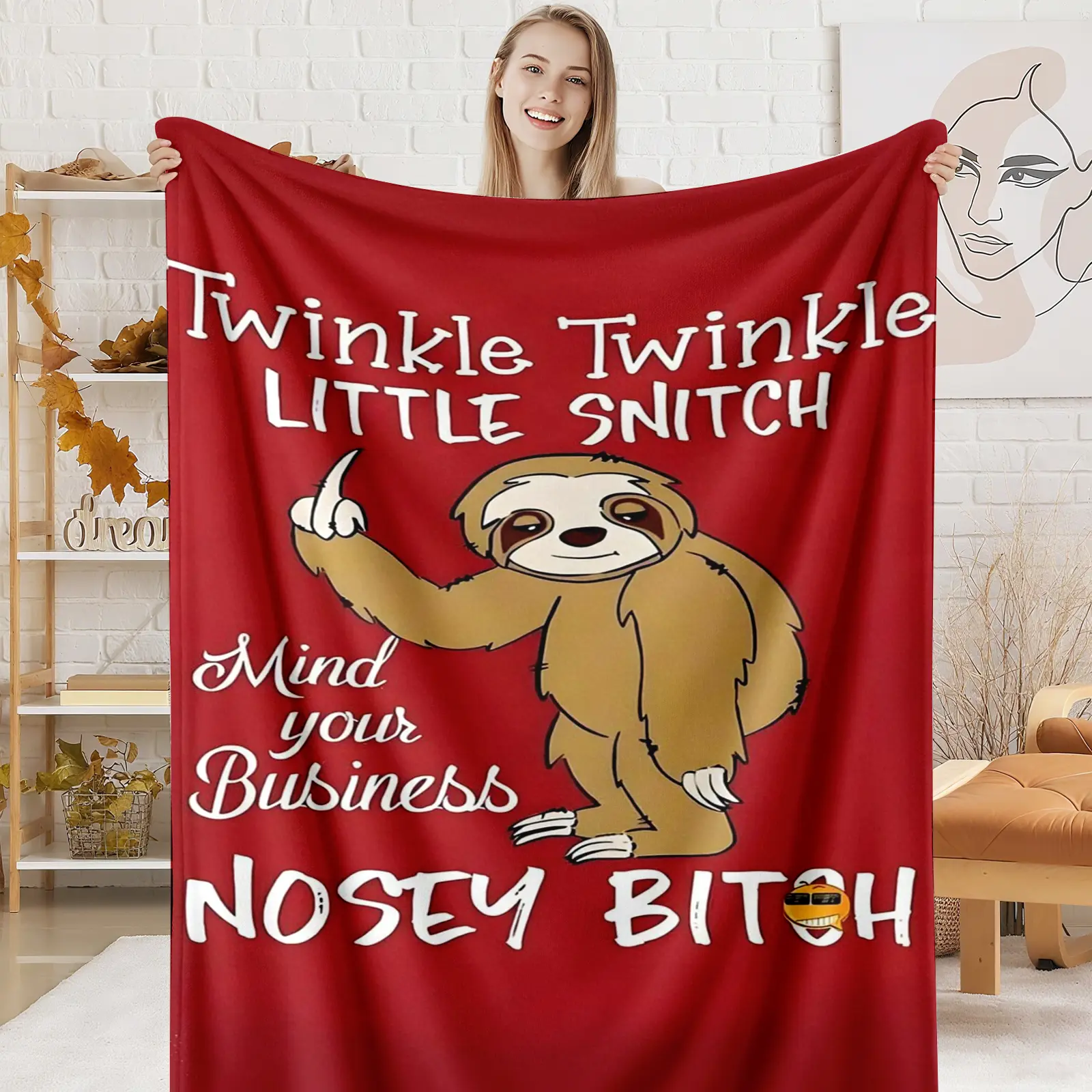 Nosey Bitch Sloth Flannel Blanket, Twinkle Twinkle Little Snitch Pattern, Funny Sarcastic Throw, Gift for Friends Sister Bestie, Cozy Nap Blanket for Home Office, Suitable for Sofa Bed Couch, Cool Statement Decor, Multi-Purpose Blanket