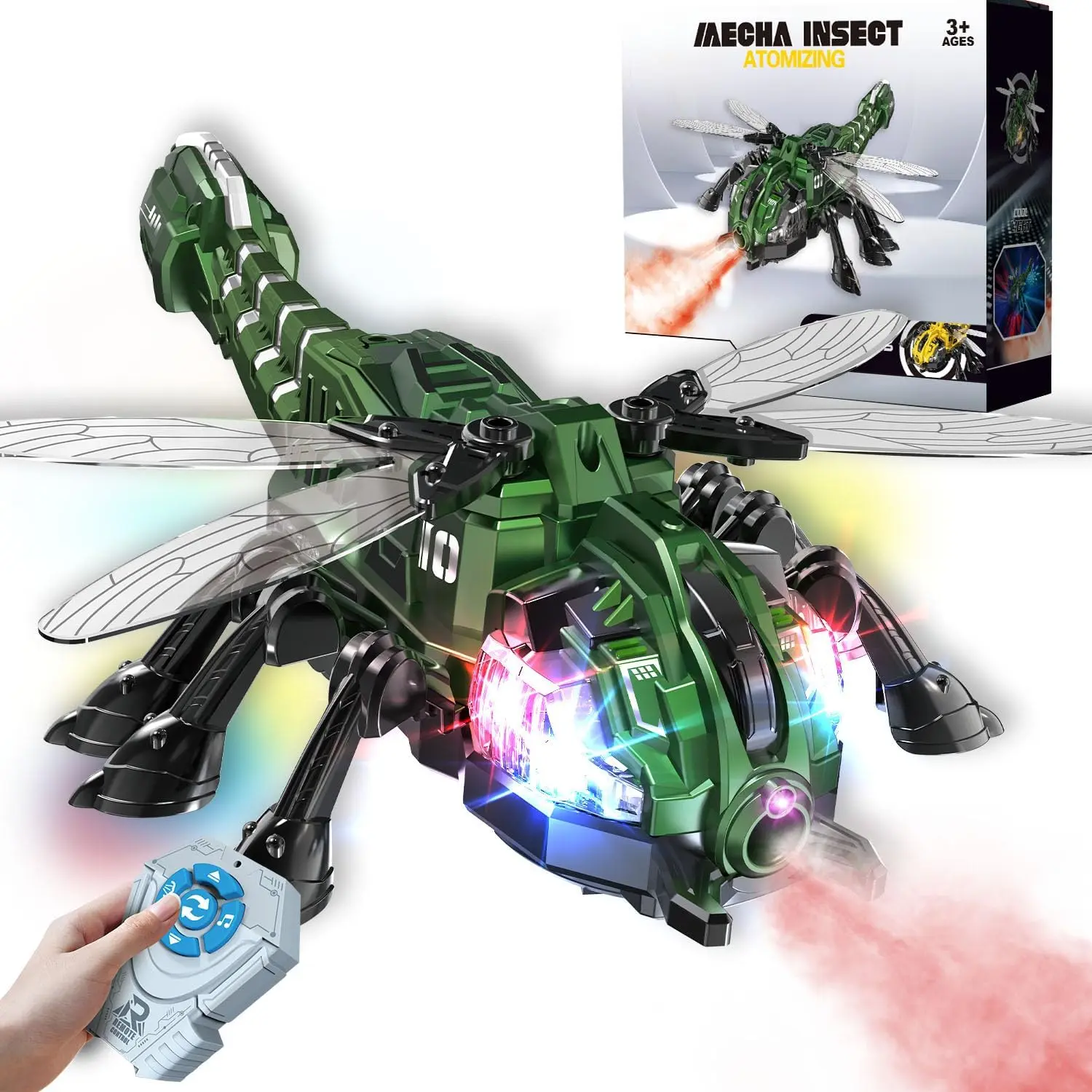 GAIETYDIY 2.4GHz RC Dragonfly Robot Toy for Kids 4+, with Lights, Music, Spray, Realistic Look, Unisex Names, Electric Remote Control Hobby Animal Gift (Green)