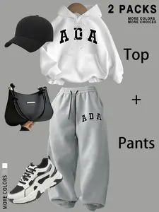 Women's Hooded Sweatshirt Set with Kangaroo Pocket & Fleece Lining, Ada Print, Long Sleeve + Warm Pants, Drawstring Comfort Fit